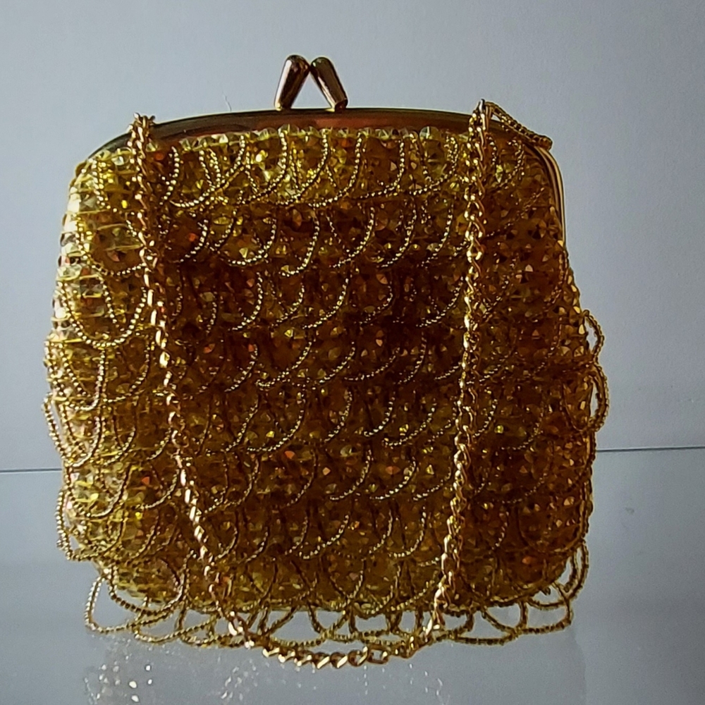 Gold Beaded Evening Bag, Vintage Gold Flapper Bag, 30s Gold Beaded Purse